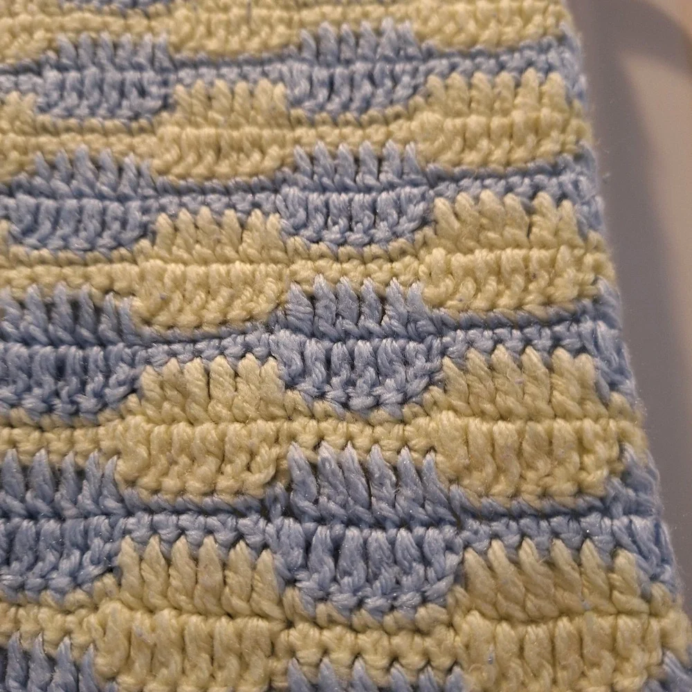 Handmade Crochet Baby Blanket 34x34 Yellow Blue ShellPattern Nursery Cottagecore